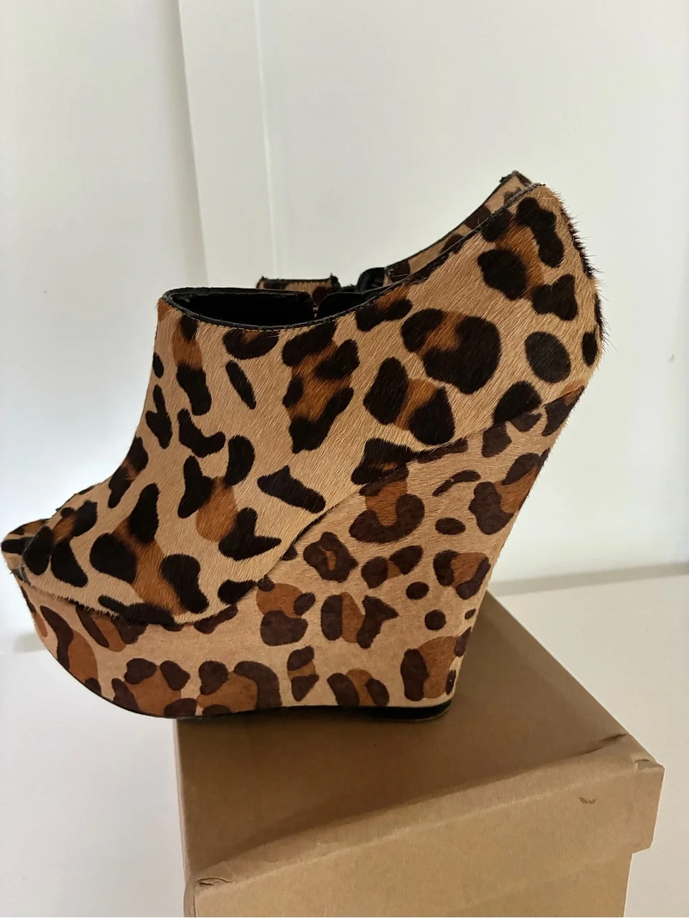 Steve Madden Leopard Print Peep-Toe Wedge Booties - NO BOX